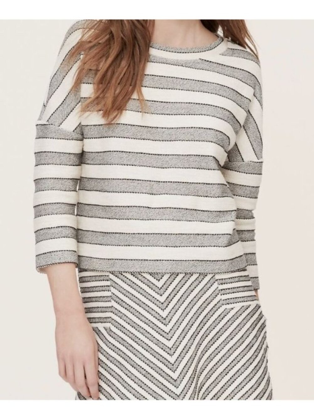 LOFT Petite Striped Cropped Top XSP Black & Ivory Long Sleeve Cotton Blend